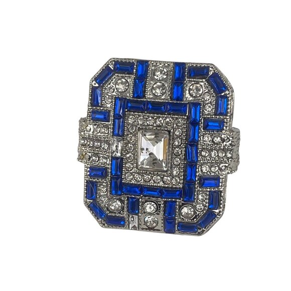 Art Deco Style Silver & Blue Statement Ring With Crystal Accents - Picture 2 of 11